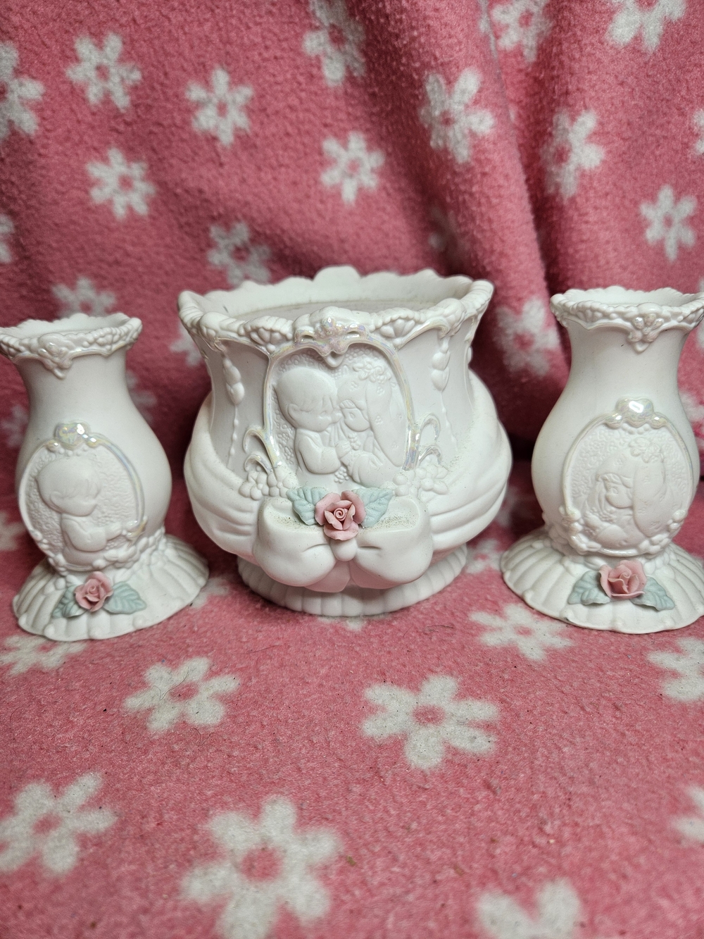 White Precious Moments Floral Cherub Decorative Vases and Planter Set